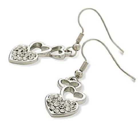 fashion-forward earrings -Designer Style Silver Tone and Crystal Diamante 'Love Me Do' Drop Earrings