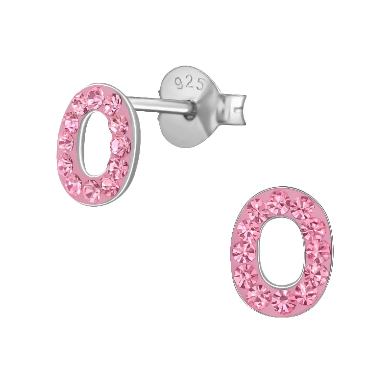 luxury crystal earrings -Children's Sterling Silver 'Letter O' Pink Crystal Stud Earrings