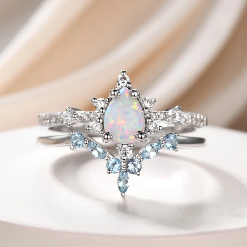 intricate engagement rings -Retro Vintage Opal Wedding Ring Set 14k White Gold with Blue Topaz Curved Band