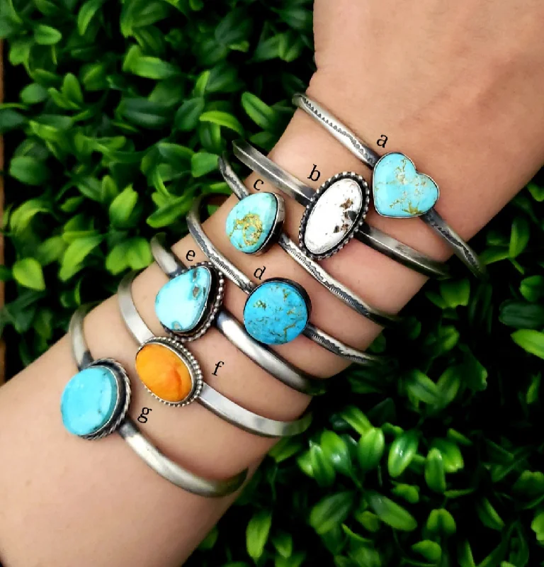 chic gemstone bangles -Stamped Sterling Silver Turquoise,Spiny Oyster & White Buffalo Stone Adjustable Cuff Stacker Bracelets