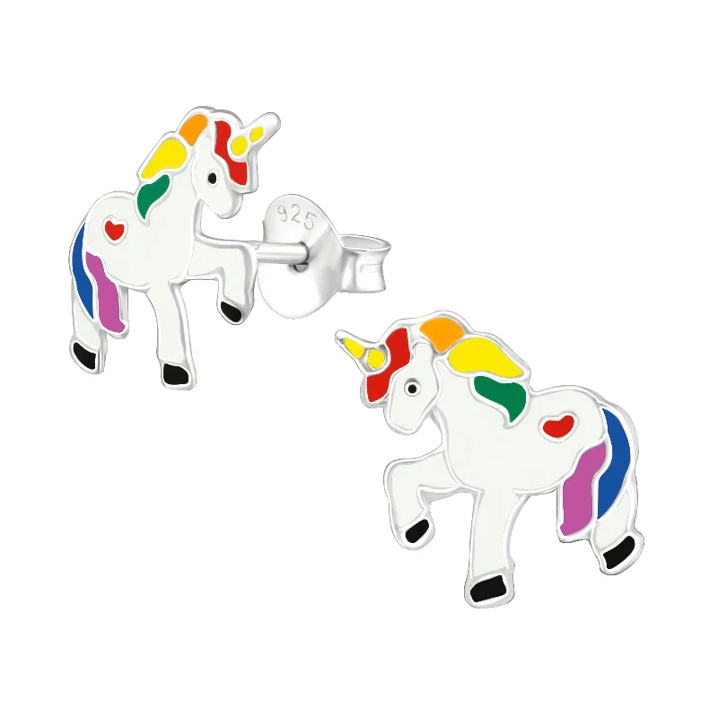 cute hoop earrings for women -Children's Sterling Silver Rainbow Unicorn Stud Earrings