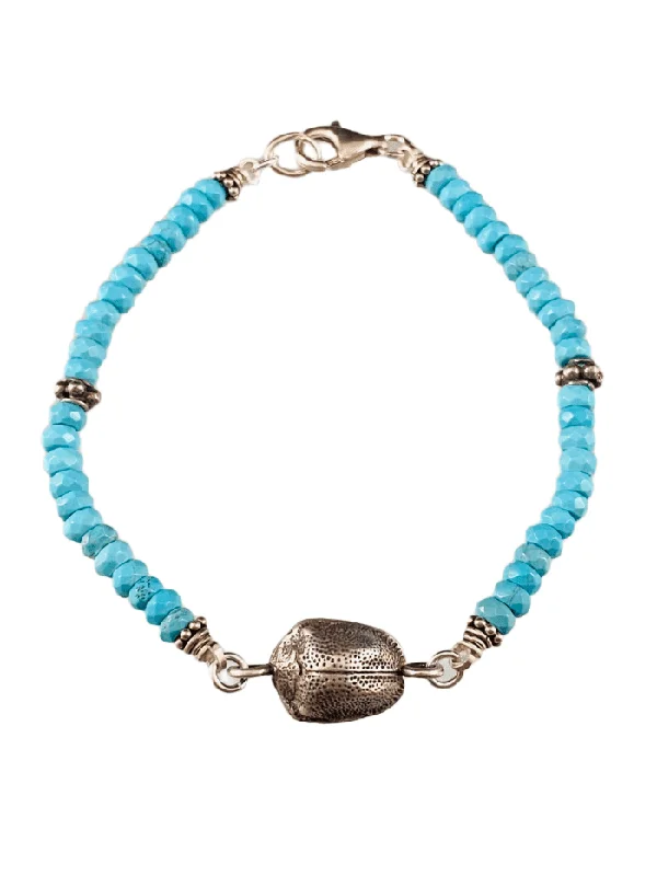 stylish stacking bracelets -Faceted Turquoise Sterling Scarab Beetle Charm Bracelet