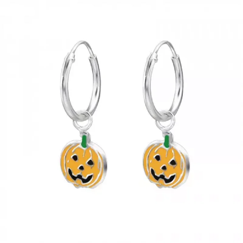 trendy gemstone earrings -Children's Sterling Silver Halloween Pumpkin Hoop Earrings