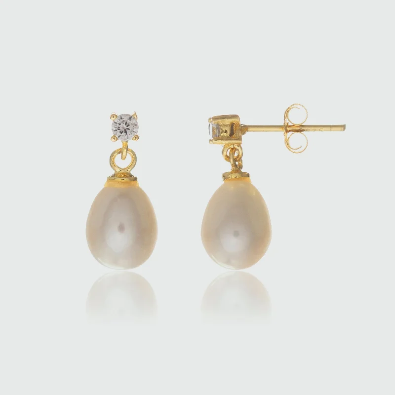 beautiful ear studs -Drayton White Pearl & Cubic Zirconia Gold Vermeil Oval Earrings