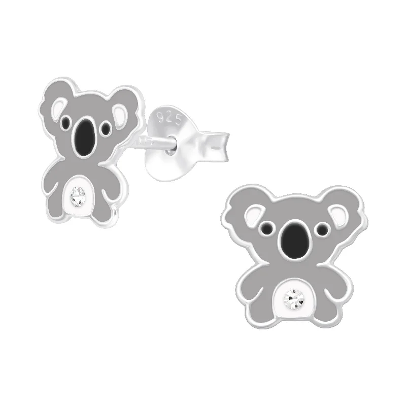 colorful gemstone earrings -Children's Sterling Silver 'Cute Koala Bear with Crystal' Stud Earrings