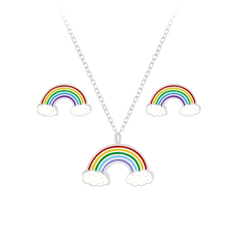 stylish silver stud earrings -Children's Sterling Silver Rainbow Pendant Necklace and Rainbow Stud Earrings Set