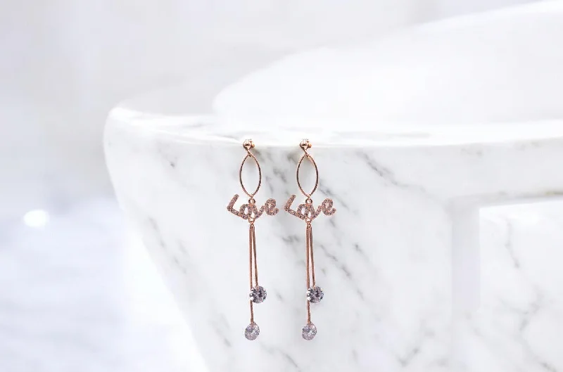 luxurious diamond earrings -Rosegold love chain drop earrings for women and girls