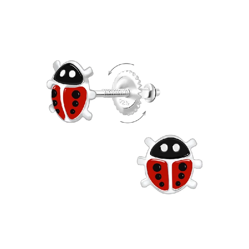 crystal drop earrings -Children's Sterling Silver Ladybug Screw Back Stud Earrings