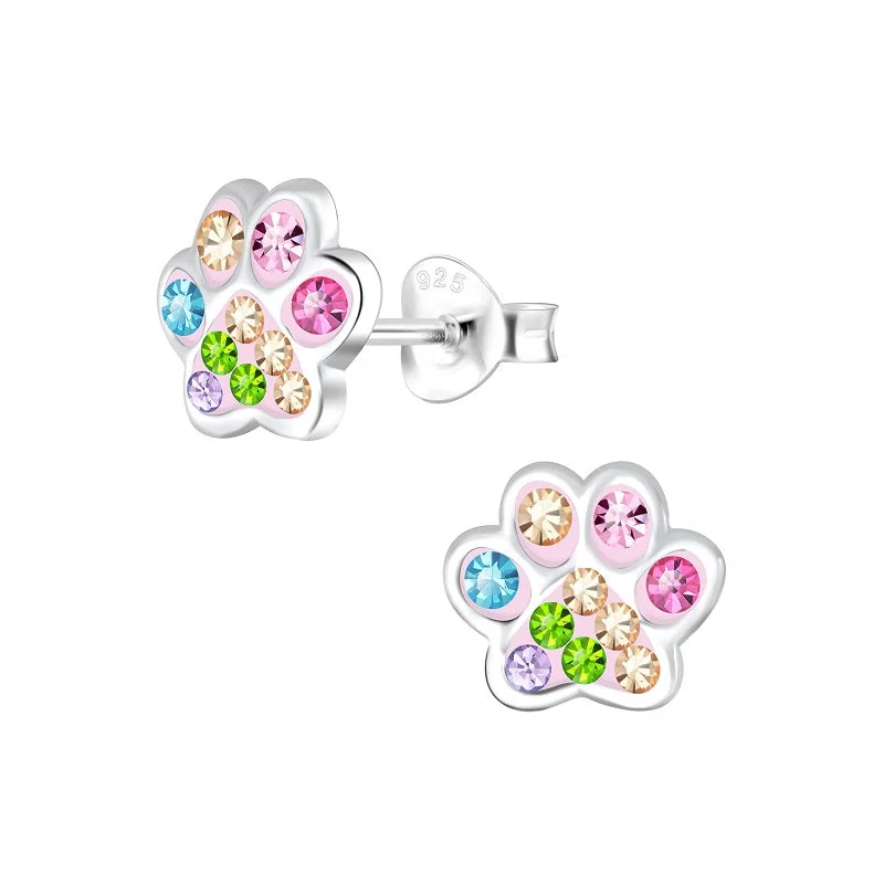 women earrings -Children's Sterling Silver 'Pink and Multicoloured Sparkle Paw' Crystal Stud Earrings