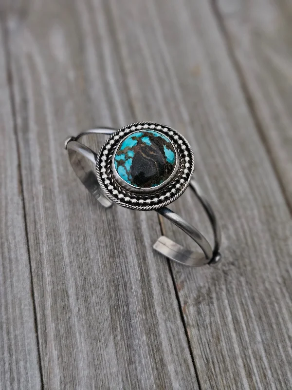 luxurious diamond bracelets -Stamped Sterling Silver Turquoise Round Stone Cuff Bracelet