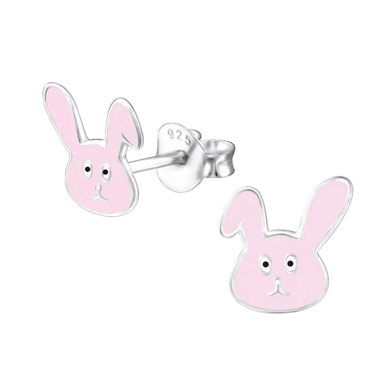 custom name earrings -Children's Sterling Silver 'Pink Bunny Rabbit Face' Stud Earrings