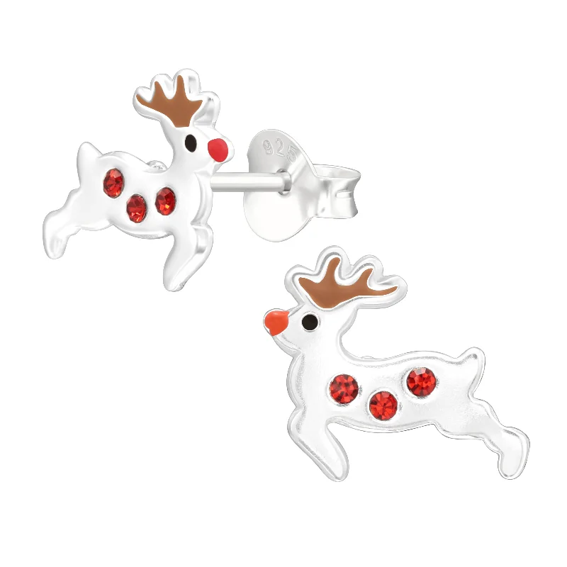 gemstone earrings for women -Children's Sterling Silver Christmas Red Nosed Reindeer Stud Earrings