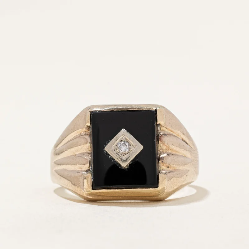 adjustable gemstone rings -Onyx & Diamond Signet Ring | 3.60ct, 0.04ct | SZ 10.75 |