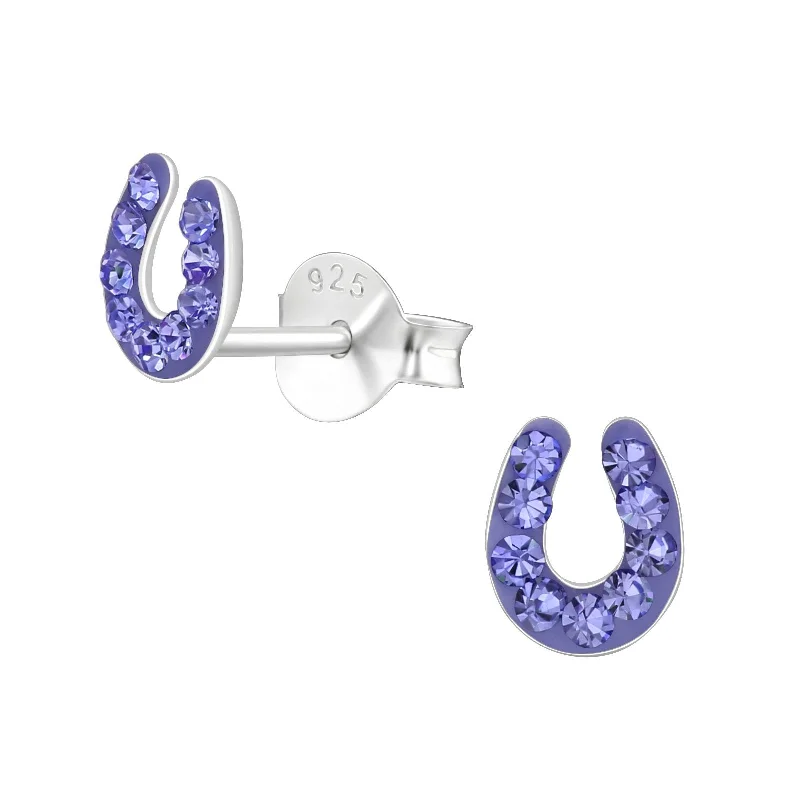 elegant earrings for women -Children's Sterling Silver 'Purple Sparkle Horseshoe' Crystal Stud Earrings