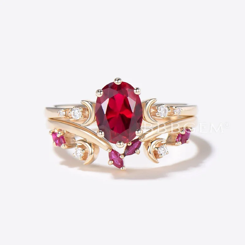 women engagement rings -Crescent Moon Ruby Ring Oval Cut Red Ruby Engagement Ring Set