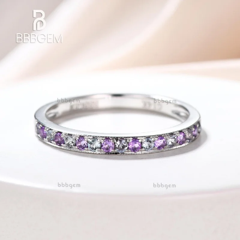 engagement rings with matching wedding bands -Milgrain Channel Set Half Eternity Aquamarine and Amethyst Birthstone Women Band