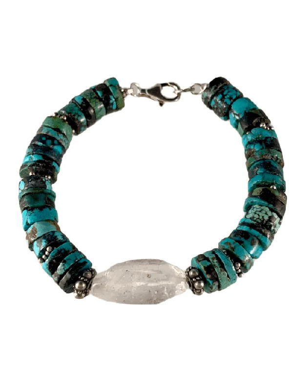 affordable bangle bracelets -Turquoise Rondel Gemstone and Quartz Crystal Gemstone Bracelet