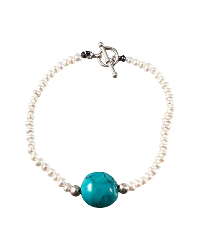 minimalist gold bangles -Freshwater Pearl & Turquoise Toggle Bracelet