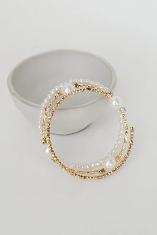 bridal bangles for women -Alayna Gold Pearl + Rhinestone Bracelet Set