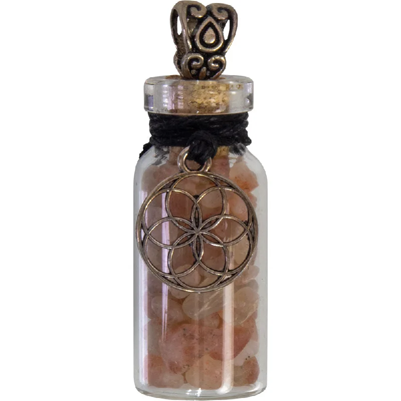 elegant pendant necklaces -1.75" Gemstone Chip Bottle Necklace - Sunstone with Seed of Life