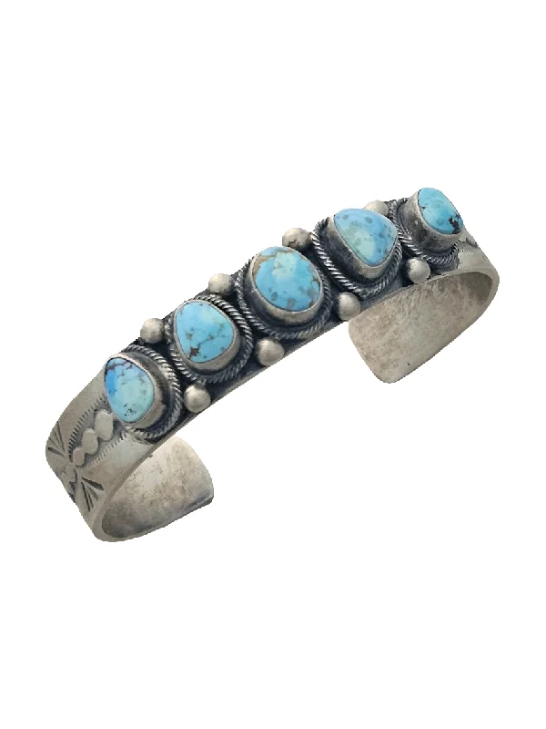 women’s braided bracelets -Stamped Sterling Silver Golden Hills Turquoise 5 Stone Cuff Bracelet