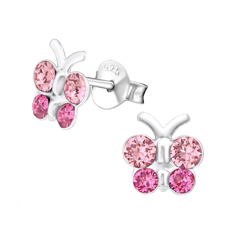 silver hoop earrings -Children's Sterling Silver Pink Diamante Butterfly Stud Earrings