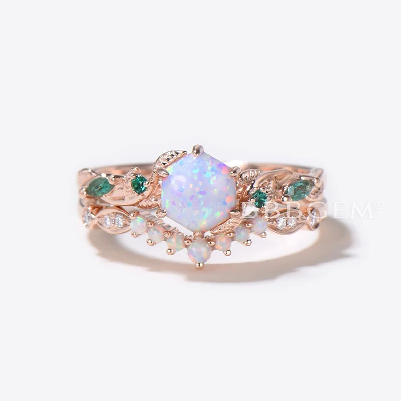 cushion cut engagement rings -Leaf Vine Opal Bridal Ring Set 10K Rose Gold Hexagon Cut White Opal Engagement Ring Nature Inspired Branch Emerald Ring October Birthstone Ring