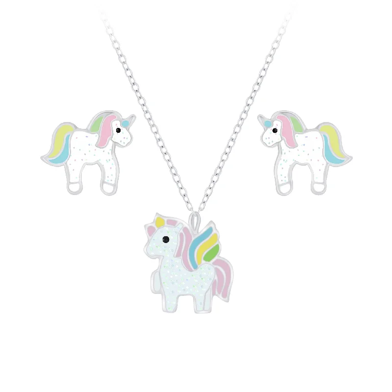 heart-shaped earrings -Children's Sterling Silver Unicorn Pendant Necklace and Unicorn Stud Earrings Set