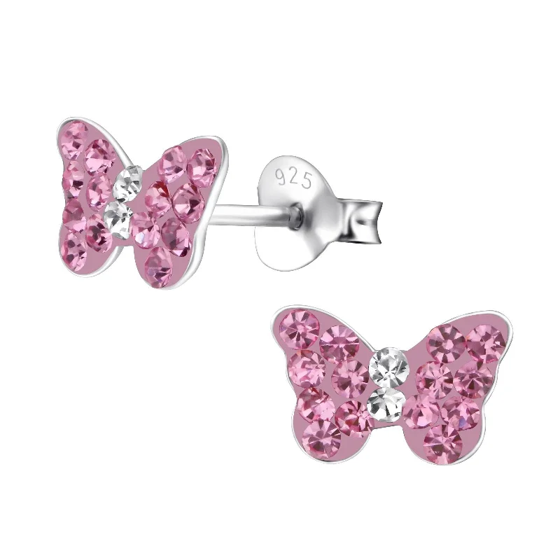 luxurious emerald earrings -Children's Sterling Silver 'Pink Sparkle Butterfly' Crystal Stud Earrings