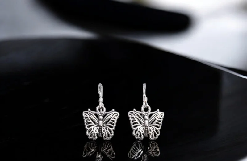 fashion crystal stud earrings -Sterling silver oxidized butterfly earrings for women and girls