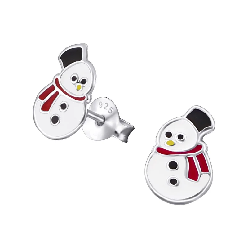 beautiful dangling earrings -Children's Sterling Silver Christmas Snowman with Red Scarf Stud Earrings