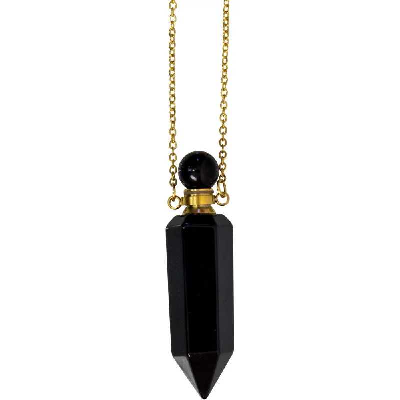 silver necklaces for women -1.75" Gemstone Point Pendant Perfume Bottle Necklace - Black Obsidian