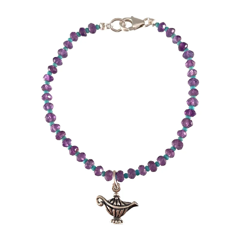 elegant crystal bracelets for women -Faceted Amethyst and Genie Lamp Charm Bracelet