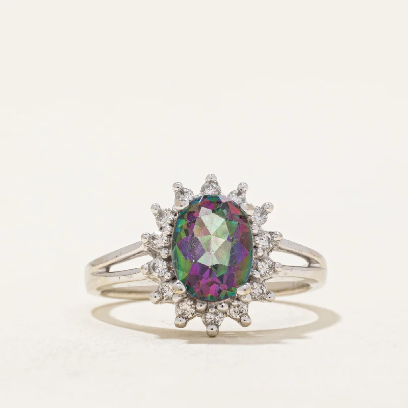 classic gemstone rings -Mystic Topaz & Diamond Halo Ring | 1.25ct, 0.12ctw | SZ 5 |