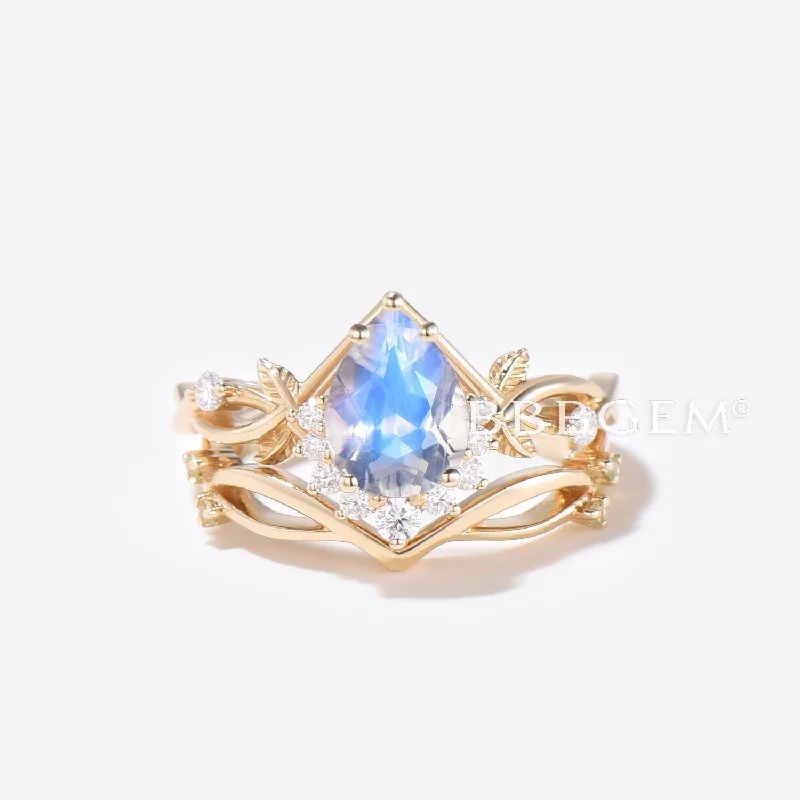 custom design engagement rings -Teardrop Rainbow Moonstone Engagement Ring Gold Leaf Vine Bridal Set