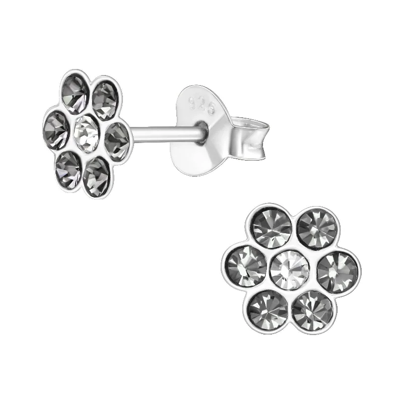 gemstone earrings for women -Children's Sterling Silver 'Black Diamond' Diamante Flower Stud Earrings