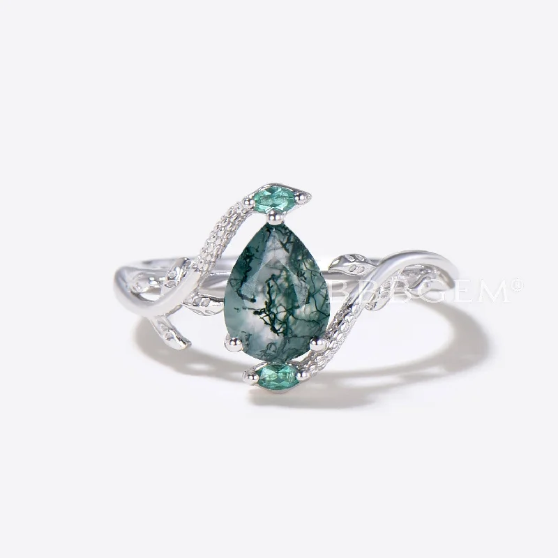 elegant princess-cut rings -Double Snake Engagement Ring Branch Leaf Moss Agate Ring Set