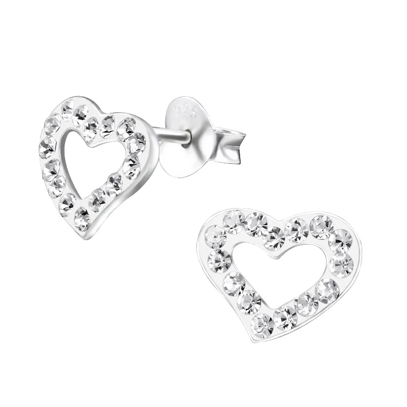 fashionable earrings for casual wear -Children's Sterling Silver Open Heart Crystal Stud Earrings