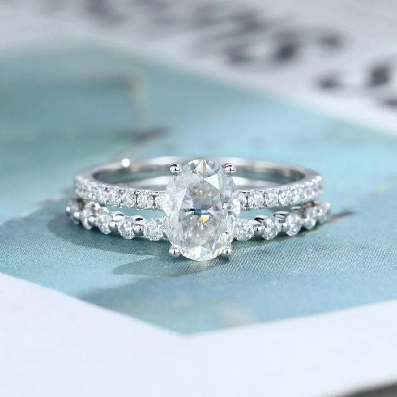 engagement rings with sapphire accents -9k White Gold Oval Cut Diamond Half Eternity Wedding Ring Set