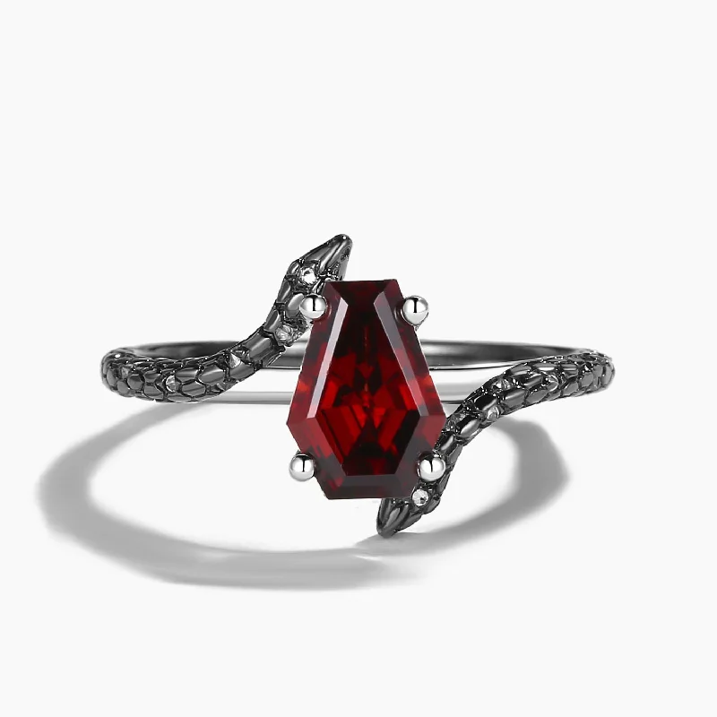 engagement rings with wedding bands -Coffin Cut Natural Garnet Snake Wedding Ring Gothic Black Engagement Ring