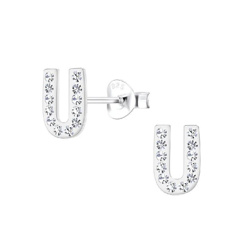 women’s heart-shaped earrings -Children's Sterling Silver 'Letter U' Crystal Stud Earrings