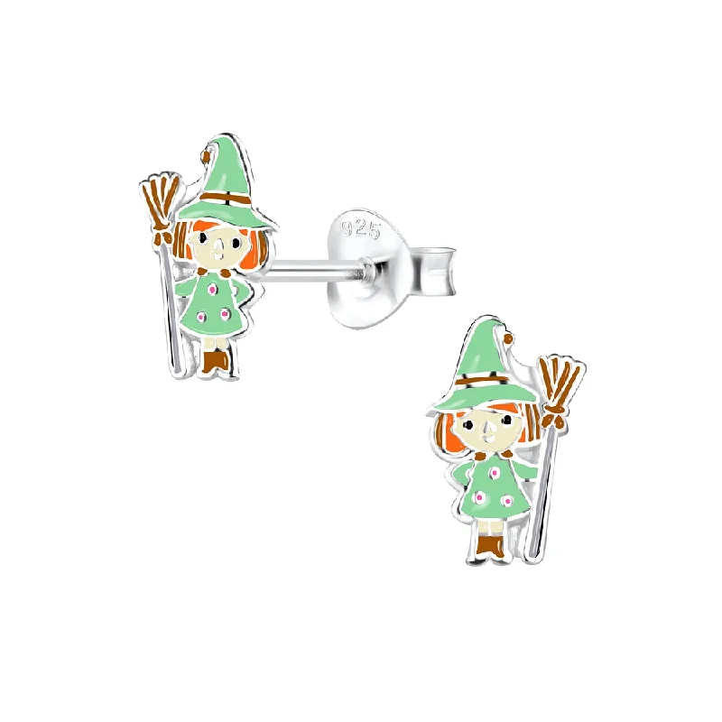 fashion earrings for women -Children's Sterling Silver Halloween Green Witch Stud Earrings