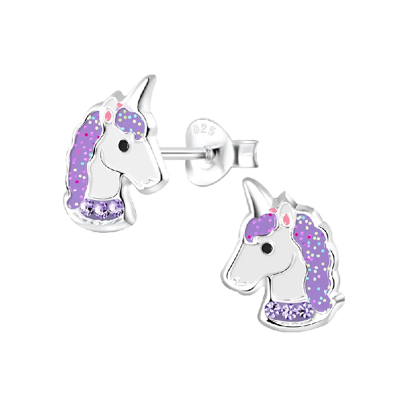 silver earrings for women -Children's Sterling Silver Purple Glitter Unicorn Stud Earrings