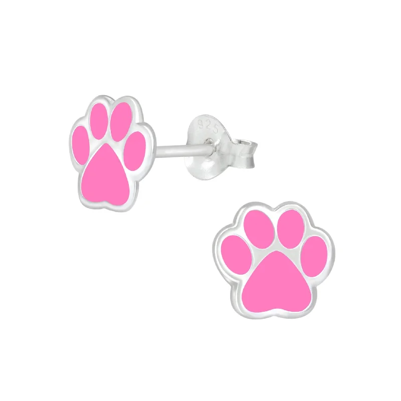 trendy gold earrings -Children's Sterling Silver 'Pink Paw Print' Stud Earrings