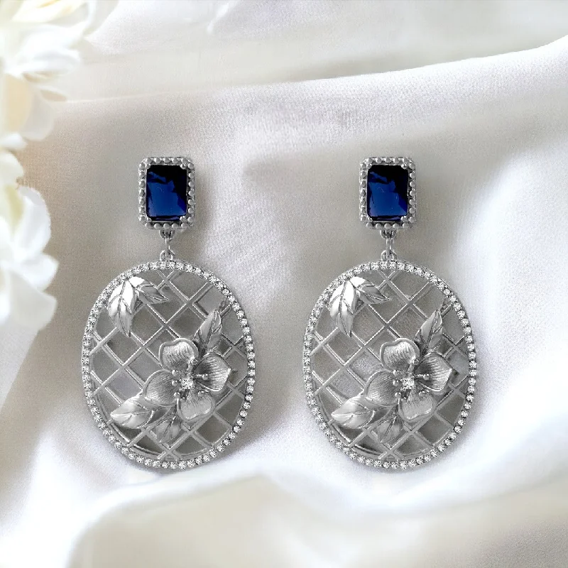 dangly earrings for women -Blue Stone Oval Silver Drop Earring