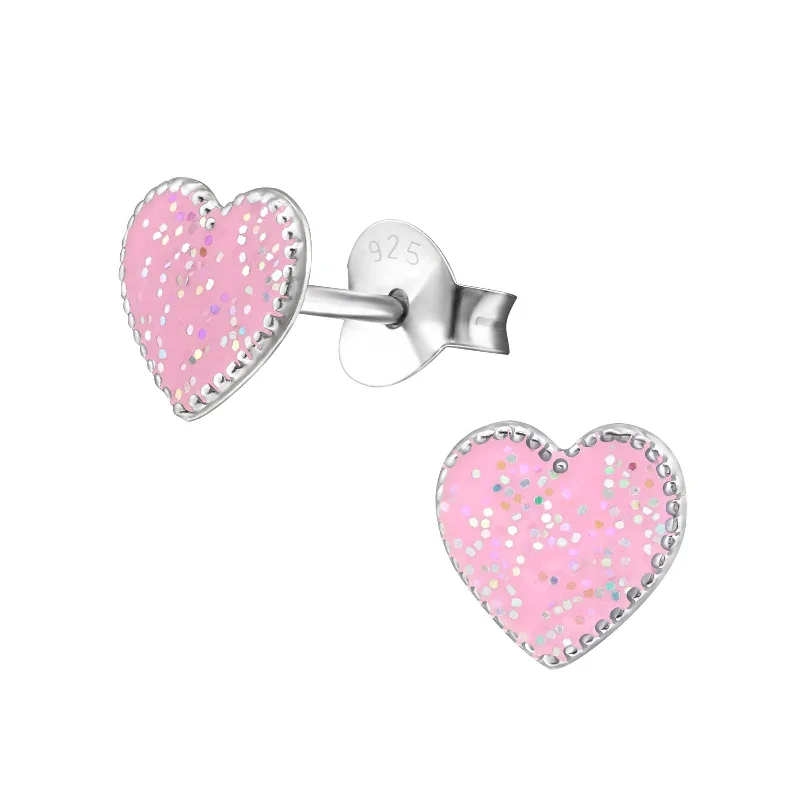 elegant diamond earrings -Children's Sterling Silver Pink Glitter Heart Stud Earrings