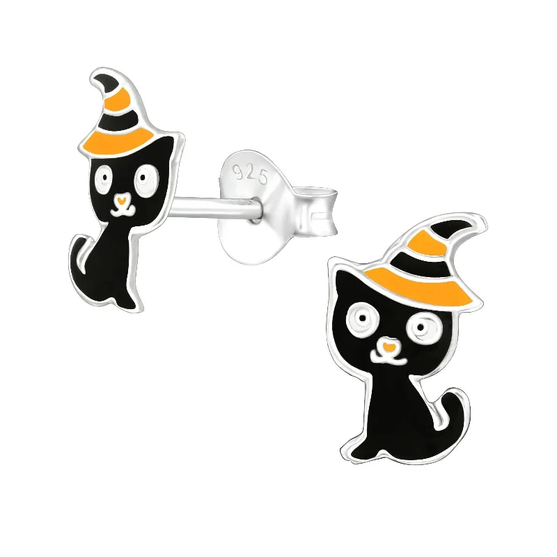 trendy stud earrings -Children's Sterling Silver Halloween Cat Stud Earrings