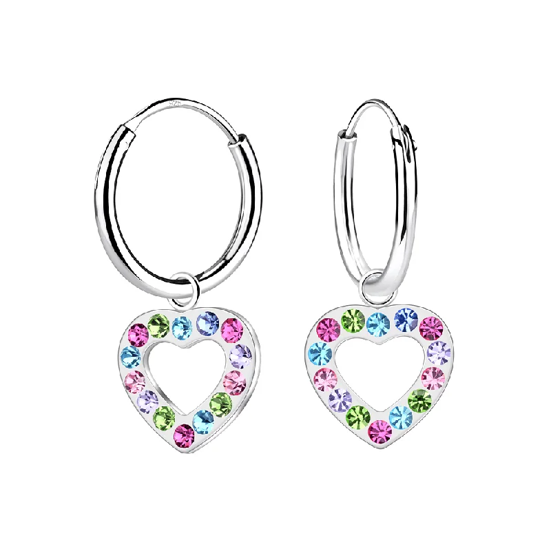 elegant ear accessories -Children's Sterling Silver 'Multicolored Diamante Crystal Open Heart' Hoop Earrings