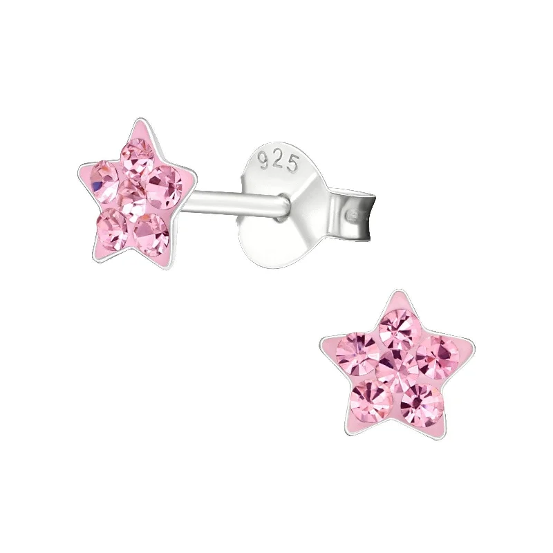 women’s stylish earrings -Children's Sterling Silver 'Pink Crystal Star' Stud Earrings