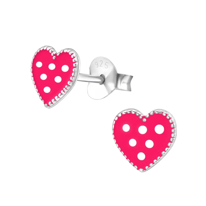 fashion-forward earrings -Children's Sterling Silver Polka Dot Pink Heart Stud Earrings